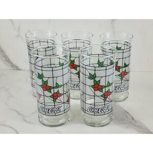 Christmas Coca Cola Holly Berry 16oz Frosted Tall Glass 6" Libbey Tumbler x5